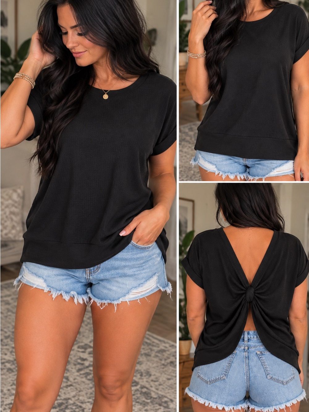 Black Lightweight Knit Sweater Top Open/Back Knot Detail